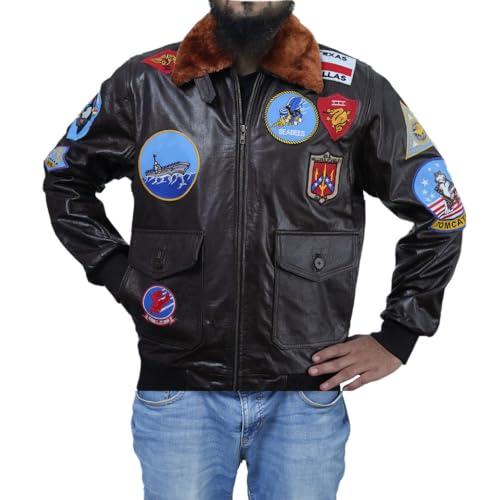 TOP Gun G-1 - Chaqueta de piel de vacuno con bolsillos tradicionales de color azul marino y bolsillos | Air Force A2 Flight, marrón, S