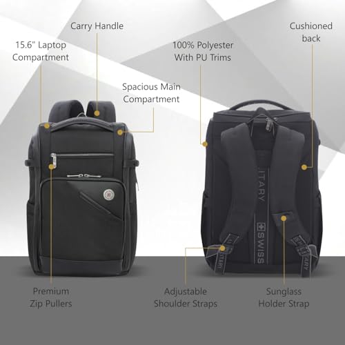 Image of SWISS MILITARY Aspen Laptop Backpack 15.6 Inch with USB Charging Port, Quick Access Pockets, iPad Compartment, Mesh Bottle Holders, 16L Compact Travel Office College Bag for Men Women