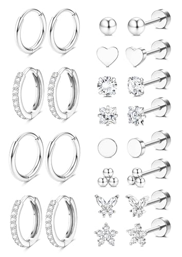 Image of Shining Diva Fashion 12 Pairs Anti Tarnish Earrings Combo Set | 14K Gold Plated | Hypoallergenic Stainless Steel Earring for Sensitive Ears | Flat Back Stud Hoop Cartilage Earring for Multiple Piercing