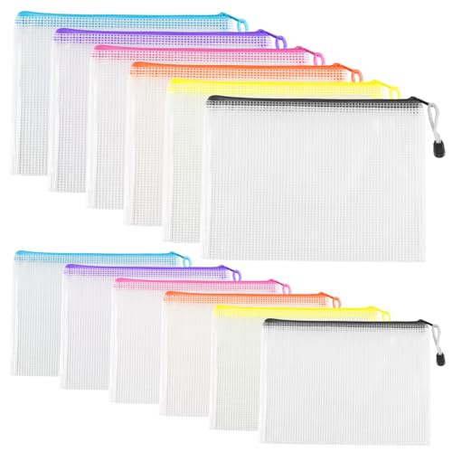 12 Pcs A4 A5 Plastic Zip Wallets Mesh Document Folders