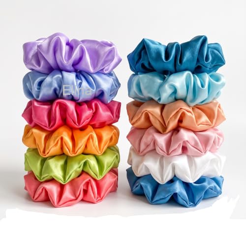 Image of Elina 12 Pcs Premium Satin Silk Scrunchies Full Length for Less Hair fall Rubber Band Anti-breakage Hair Ties for Girls Best Gift For Mom, Sister And Girlfriend (12 Pcs Mix Colors)
