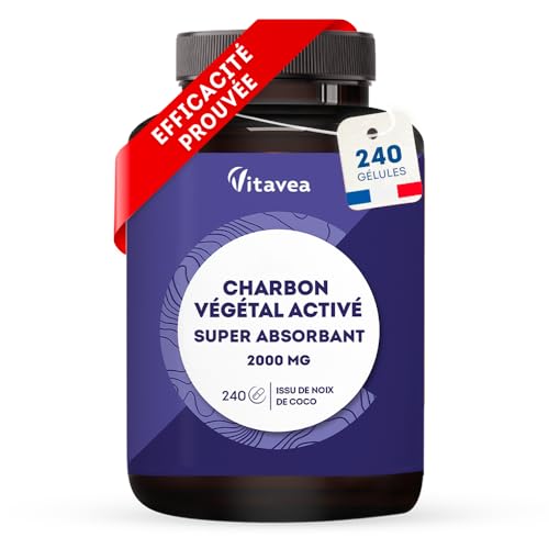 Charbon Actif Végétal Super Absorbant 2000 mg - 240 gélules - Charbon Végétal Naturel Issu de Noix de Coco - 1 mois - Fabriqué en France - Vitavea