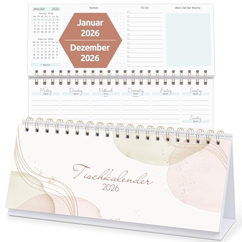 KONVINIT Tischkalender 2026- Wochenplaner für Büro & Homeoffice - 1 Woche 2 Seiten mit Notizen To-dos & Wochenziel - Kalender 2026 zum Aufstellen Format: 29 7 x 11 6 cm (Querformat)