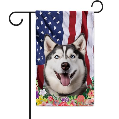 JaeTou Siberian Husky Dog with Colorful Flowers Decor Garden Flag Welcome Summer American Patriotic Banner for July 4th, 12.5x18 Inches