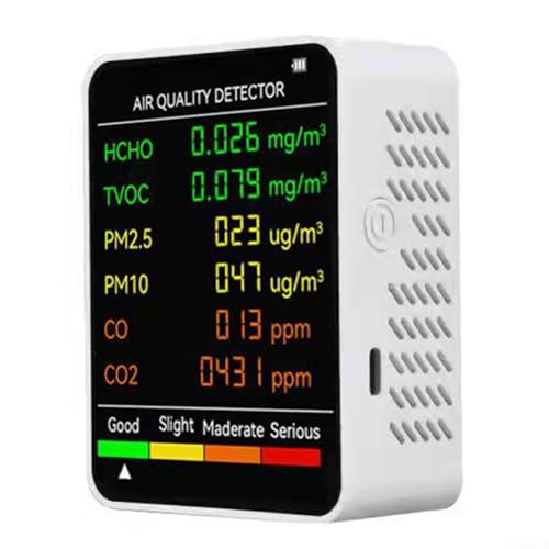 6 in 1 Luftqualitätsmonitor, Luftqualitätsdetektor für den Innenbereich, erkennt PM2.5, PM10, TVOC, Luftqualitätsprüfer, Luftverschmutzungsmessgerät für Zuhause, Zimmer, Growzelte, Büros (Weiß)