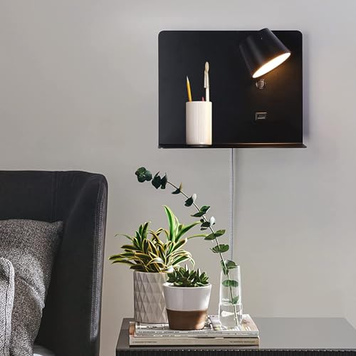 Image of SUNLLOK LED Wall Lamp with USB Charging Port Case, Modern Reading Wall Sconces with Shleves, Adjustable Lampshade Source Warm White Wall Mounted Lamp Decoration for Living Room, Bedroom, Black
