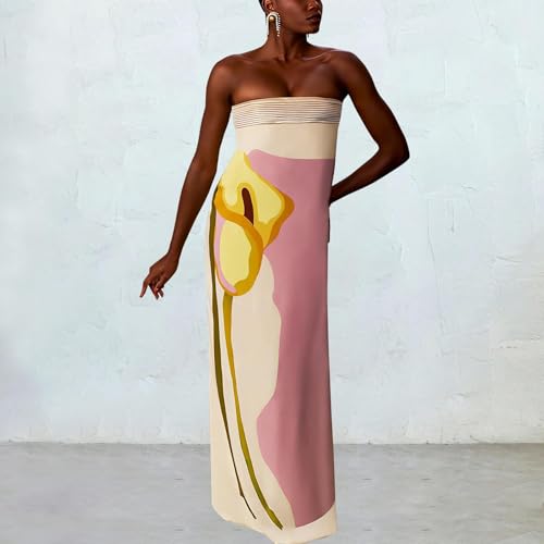 Image of Women Y2k Strapless Maxi Dress Summer Backless Floral Long Tube Dress Off Shoulder Cocktail Party Dress