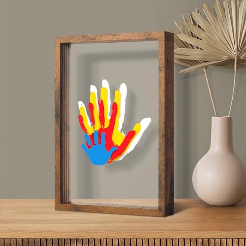 Image of Omrhvi Family Handprint Kit, Hand Prints Keepsake Frame, DIY Craft Gift for New Parents & Mom & Baby, Grandparents, Mother's Day, Father's Day, Adoption Day, Anniversary, 6 Non -Toxic Paints (Brown)