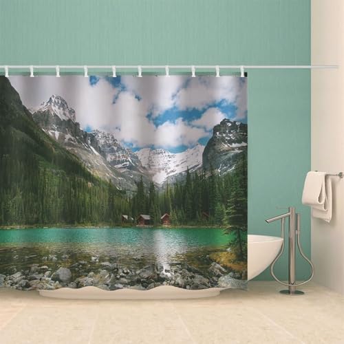 Rideau de douche polyester imperméable lavable avec motif arbres et lac
