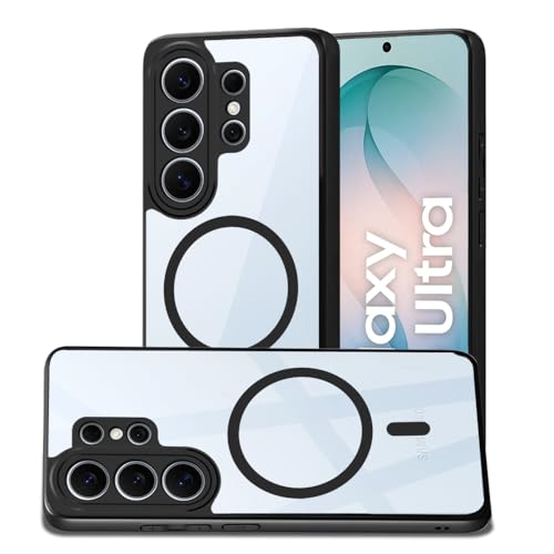 Image of AESTMO Samsung S26 Ultra 5G Back Cover | 360 Protection | Crystal Clear Hard Back Transparent | Compatible with MagSafe Accessories (PC+TPU, Black Bumper)