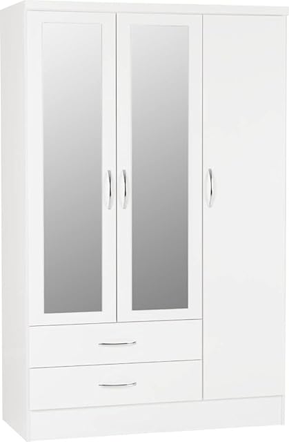 Seconique Nevada 3 Door 2 Wardrobe, White Gloss, Composite Board, Veneer, Handle, Hinges, Metal Drawer Runners, Plastic FEET, Mirrored Glass