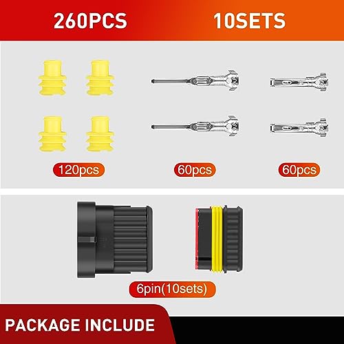 Image of Nilight 260PCS 6 Pin Electrical Connector Plug with Male Female Terminals | Wire Waterproof Connectors 6 Way Automotive Connect Set for Car Truck Motorcycle Marine Boat 10 Sets