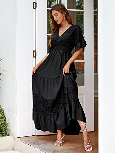 Simplee Women's Lace Short Sleeve Wrap Maxi Dress V Neck Floral Formal Dress(S Black) #TOP4