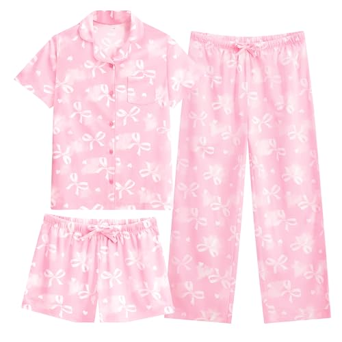 Image of US Angels Girls Pajama Set 3 Piece, Short Sleeve Button Down PJs with Shorts & Pants, Soft Sleepwear Girls & Tweens Size 5-16
