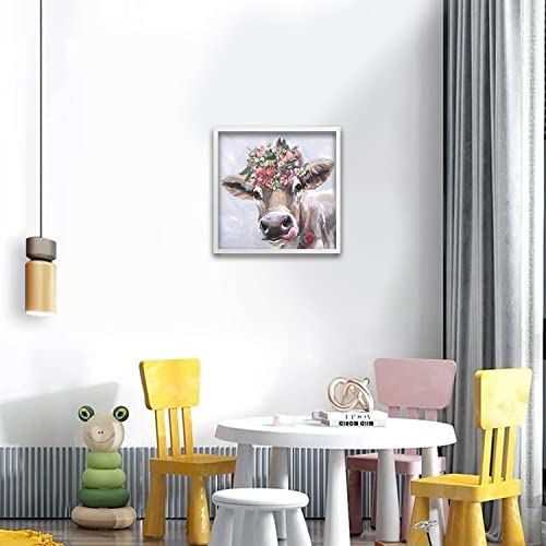 Sycdeor Cute Cow Framed Wall Art Hand-Painted Cattle With Garland Paintings For Living Room Bedroom Country Farmhouse (White 12"X12") #TOP4