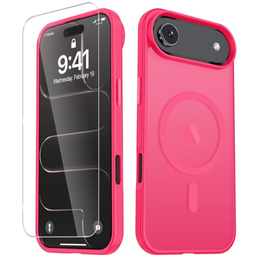 Image of YENAPOON for iPhone Air Case, Matte Magnetic Phone Cover [with 1 Screen Protector] [Support for MagSafe] [Shockproof Military Grade Protection] Translucent Frosted Back, Hot Pink