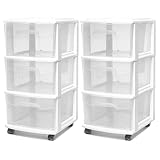 HOMZ 2-Pack Drawer Tower, 3-Tier Clear Plastic Storage Organizer Cart, White Frame