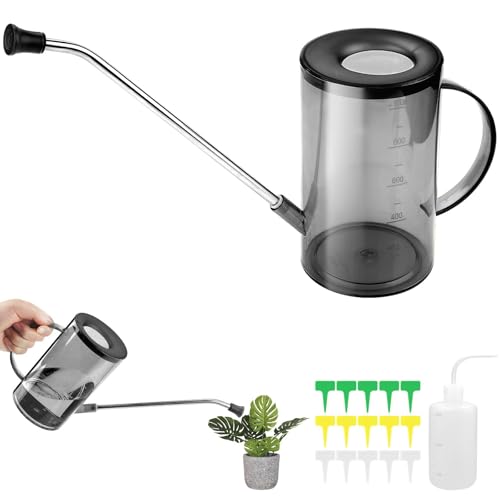 Regadera para plantas de interior, 1 L, con cuello largo, para plantas de interior, caño largo, pequeña jarra para plantas de interior con ducha, riego de plantas, jarra de riego interior (gris)