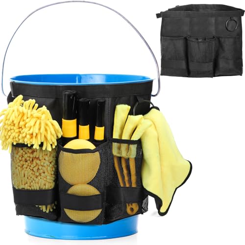 Nagpew 5 Gallon Bucket Tool Organizer, Adjustable Bucket Storage Bag with Mesh Compartments, Durable Black Garden Tool Caddy Swivel Seat Pouch for Ice Fishing, Car Cleaning, Hiking