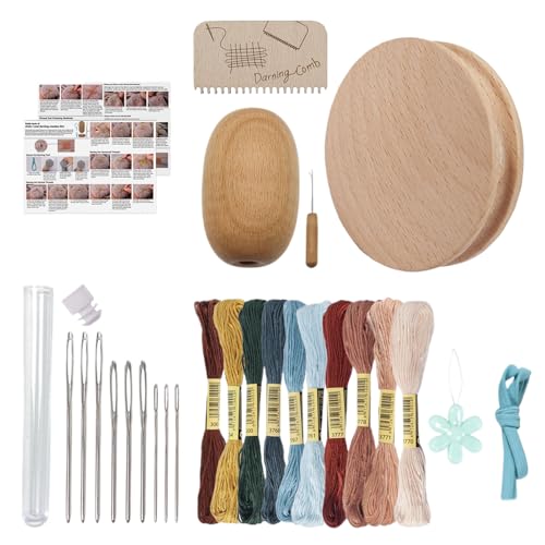 Suministros de parada - Rueda de tope de madera con nueve agujas | Insertor de hilo de huevo de parada y hilo de coser de diez colores | Adecuado para adultos, bordados, artesanía y