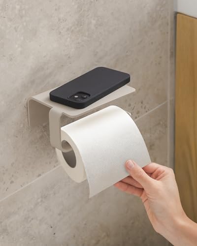 KAZAI. Toilettenpapierhalter ohne Bohren | Klopapierhalter mit Ablage zum Kleben | Klorollenhalter Bad | WC-Papier-Halterung aus Metall | Taupe