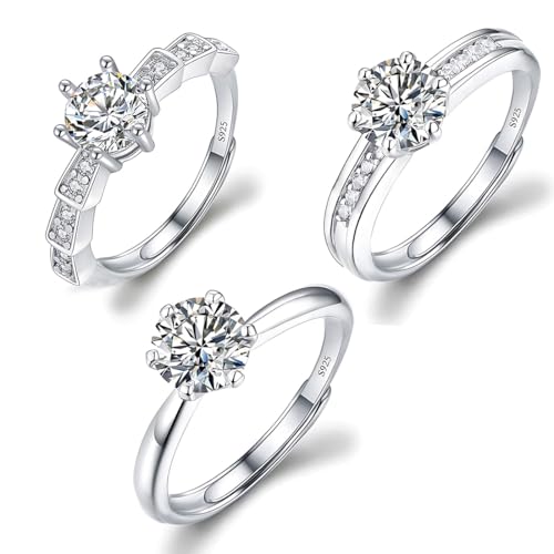 DWFEYOI 3 Piezas Anillos Alianzas de Plata Pareja Solitario Plata de ley 925 Mujer Ajustable Anillo de Compromiso Boda para Pareja Novios Regalo de San Valentín Aniversario