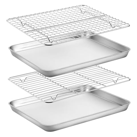 Baking Sheet with Rack Set, Yododo Set of 4 (2 Sheets + 2 Racks), Stainless Steel Cookie Sheet Baking Pan Tray with Cooling Rack, Non Toxic & Heavy Duty & Easy Clean - Size of 12 inch Cover