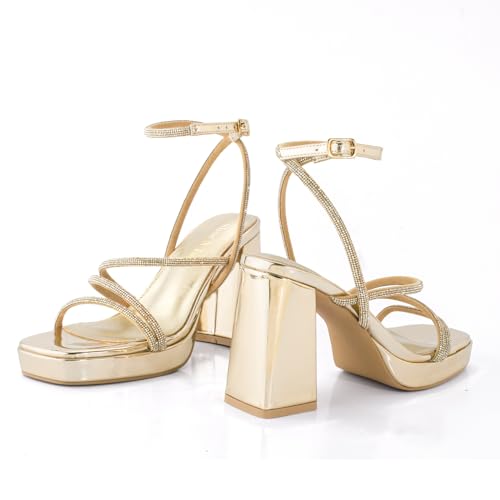 Image of Shoe'N Tale Platform Heels for Women Strappy Block Chunky Heels Square Toe Ankle Buckle Sandals