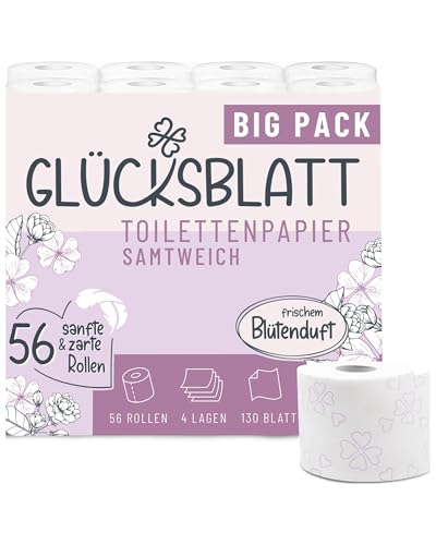 Glücksblatt Toilettenpapier Samtweich mit frischem Blütenduft 4-lagig 56 Rollen x 130 Blatt 100% Zellstoff superweiches Klopapier mit Glücks-Prägung WC Papier Verpackung aus mind. 30% PCR
