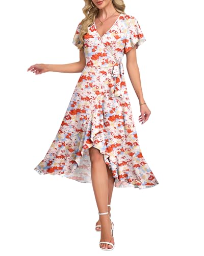 Image of AUSELILY Women Summer Midi Dresses Wrap Short Flutter Sleeve Elegant Dress | High Slit,High-waisted,Ruffled Hem,V-Neck,Fixed-strap Design,Skin-Friendly,Breathability,Wedding Guest Dresses