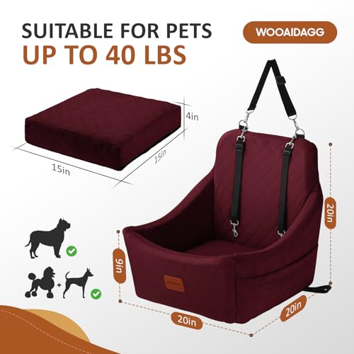 WOOAIDAGG Dog Car Seat for Medium Sized Dogs Up to 40lbs,Comfy Pet Travel Car Bed with Seat Belt Channle,Fully Detachable and Washable,Adjustable Straps,2 Side Pockets,Easy to Install (Red)