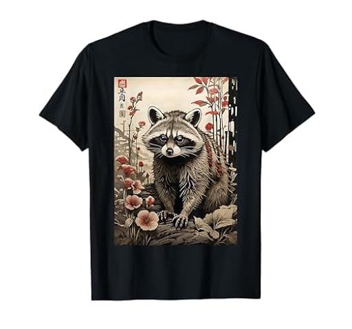 Ukiyo -e Raccoon - Arte pop frío en estilo japonés de madera Camiseta | Ya disponible en tu tienda friki favorita! En mundofriki.es!