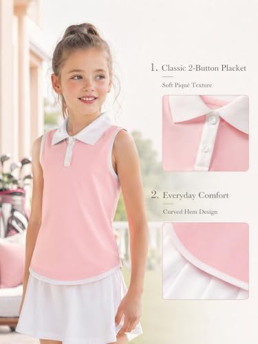 Image of Girls Sleeveless Polo Shirts Contrast Collar Tennis Golf Tank Tops Quick Dry Breathable Athletic Shirts