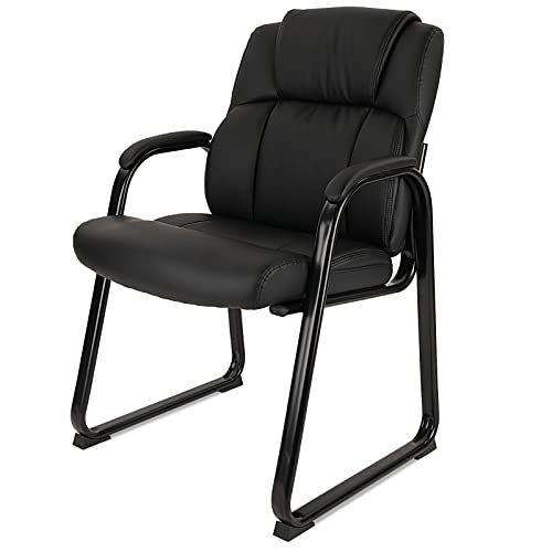 Image of CLATINA Classic Leather Soft Reception Chair with Padded Armrests and Sled Base, Executive Guest Chair for Office Computer Desk Conference Waiting Meeting Room, Black (1 Pack)