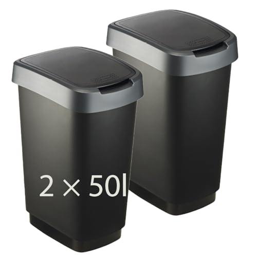 Rotho Twist 2er-Set Mülleimer mit Deckel (Anthrazit/Silber, 2x50l)