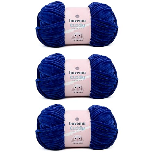 Image of Cuddly Velvet Chenille Yarn, Super Soft Fluffy Bulky for Knitting Crocheting Blanket Amigurumi, Durable for Shedding, 100 Gram (3.53 Ounces) 109 Yards (100 Meters) (Cobalt Blue) (3 Skeins)