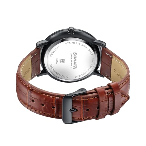 Image of Sonata Verve Quartz Analog with Black Dial Brown Geniune Leather Strap Watch for Men - 77189NL01