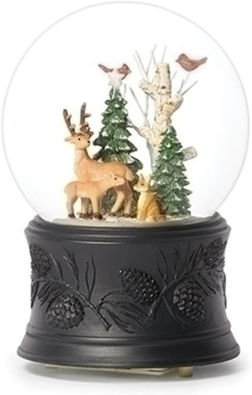 Roman 6.75" H 120mm Musical Swirl Deer with Christmas Trees Glitterdome, Tabletop Christmas Decoration