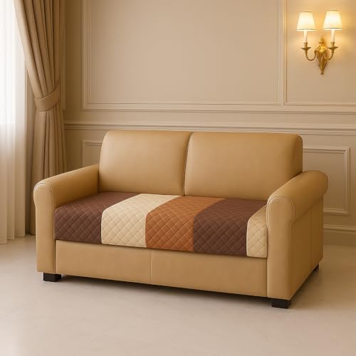 Image of Brown Stripes Quilted Velvet Sofa Cover - 7-Seater (3+2+2) - Warm Earthy Tone - Made in India - Seat-Only Protector - Premium Touch - Pet and Child Friendly - Washable Quick-Dry