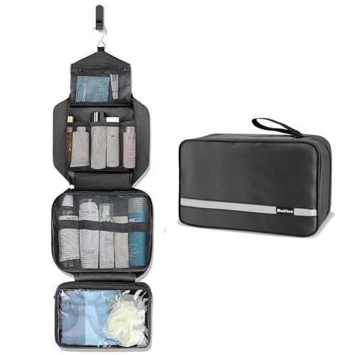 Maliton Toiletry Bag for Men & Women | Large for Traveling | Hanging Compact Hygiene Bag with 4 Compartments | Waterproof Bathroom Shower Bag (Black)