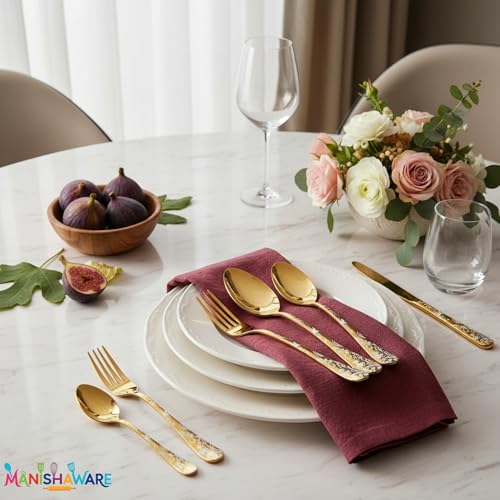 Image of Floral Gold 5 Pcs Stainless Steel Cutlery Set for Dining Table, Dishwasher Safe Glossy Flatware (1 Spoon Set+1 Forks Set+1 Butter Knife+1 Dessert Spoon+ 1 FruitFork)
