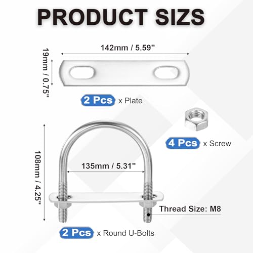 Image of PATIKIL Round U-Bolts, 2 Pcs 4.25 inch(108mm) Inner Width 135mm Length M8 with Nut Plate Washer 304 Stainless Steel Round Bend U-Bolts for Boat Trailer Axle Sailboat