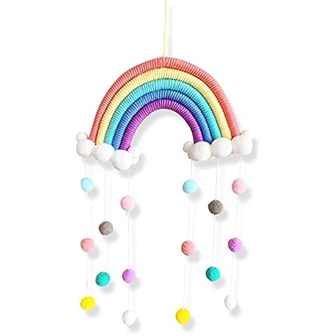 QZDAFFIC Rainbow Hanging Decoration,Macrame Tapestry Wall Hanging with Felt Ball,Handmade Braided Cords Pom-Pom,Mobile,Children’s Room Bedroom Nursery Decor (Pink) Cover