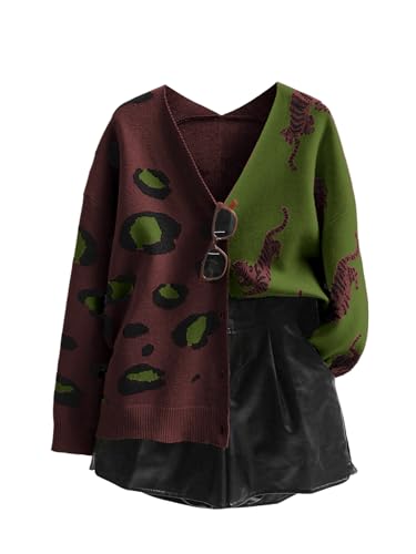 Image of WDIRARA Women's Leopard Tiger Print Cardigan V Neck Long Sleeve Color Block Button Down Sweater Outwear