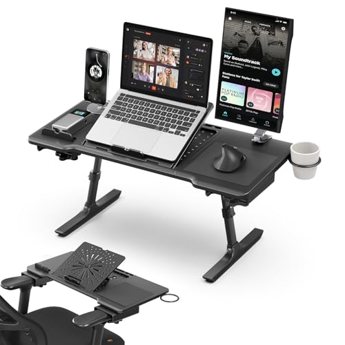 Newtral Laptop Bed Tray Desk, Height & Angle Adjustable Foldable Laptop Stand w/Cup Holder, Mousepad, Laptop Table Bookstand for Gaming, Working, Sofa & Office Chairs Use (Black, Upgrade)