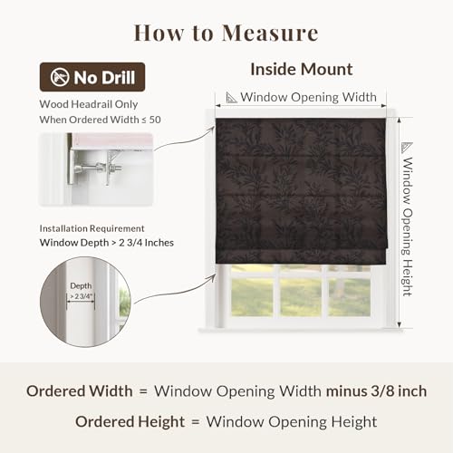 Image of TWOPAGES No Drill Cordless Vintage Leaf Print Roman Shades Linen Textured Roman Blinds for Windows, Custom Made Room Darkening Light Filtering Roman Window Shades, Wine, 1 Piece