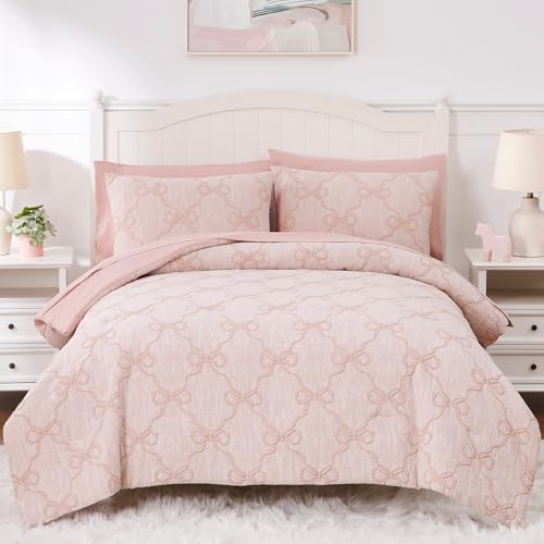 Image of Full Size Comforter Sets with Sheets for Girls-7 Pieces Bow Bed in A Bag | Soft Jacquard Full Size Bedding Sets with Pink Comforter, Pillowcases & Shams, 76 inch X 86 inch