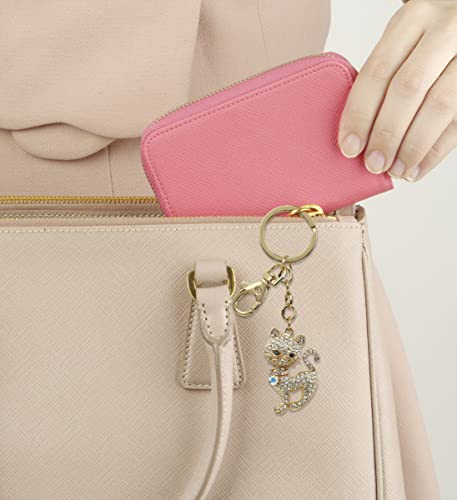 Aqua79 Stylish Cat Keychain - Gold 3D Sparkling Charm Rhinestones Fashionable Stylish Metal Alloy Durable Key Ring Bling Crystal Jewelry Accessory With Clasp #TOP5