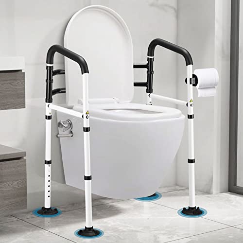 Bnehs Toilet Safety Rails, Universal Toilet Handles For Elderly, Handicap Toilet Seat With Handles, Height &Width Adjustable Medical Assist Grab Bar With 4 Suction Cups &Paper Towel Rack(White) #TOP28