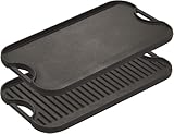 Lodge Pro-Grid Reversible Grill/Griddle - 20 Inches x 10.5 Inches - Dual-Sided Cast Iron Griddle - Double Burner Grill - Even Heat Distribution - PFAS-Free Non-Toxic Cookware